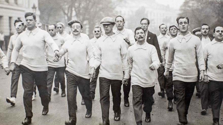 Photo of blind veterans training racewalk in Regent's Park in 1920s