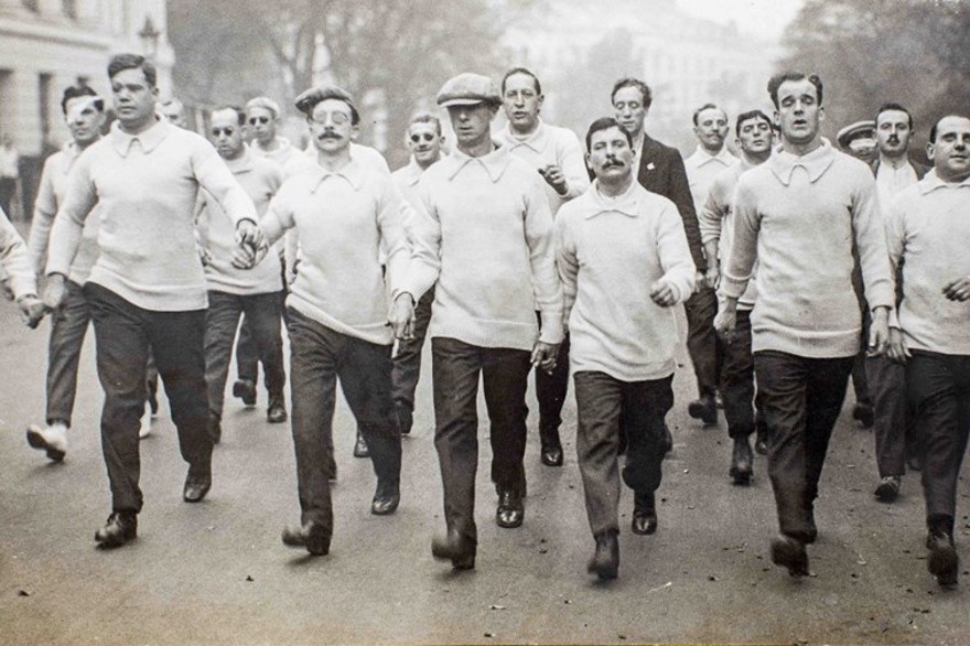 Photo of blind veterans training racewalk in Regent's Park in 1920s