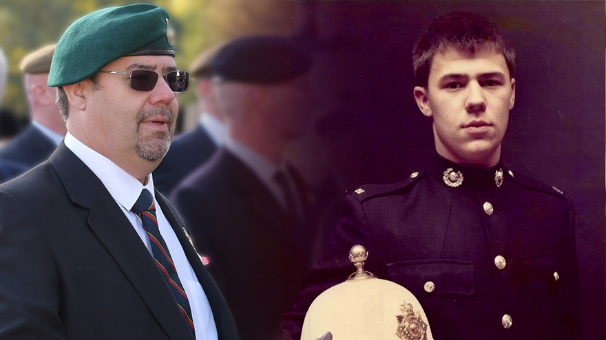 A side by side photo of blind veteran Alan, in the present day, left, and during his time in the military, right