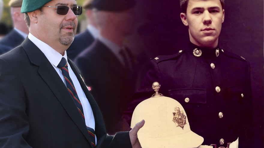 A side by side photo of blind veteran Alan, in the present day, left, and during his time in the military, right