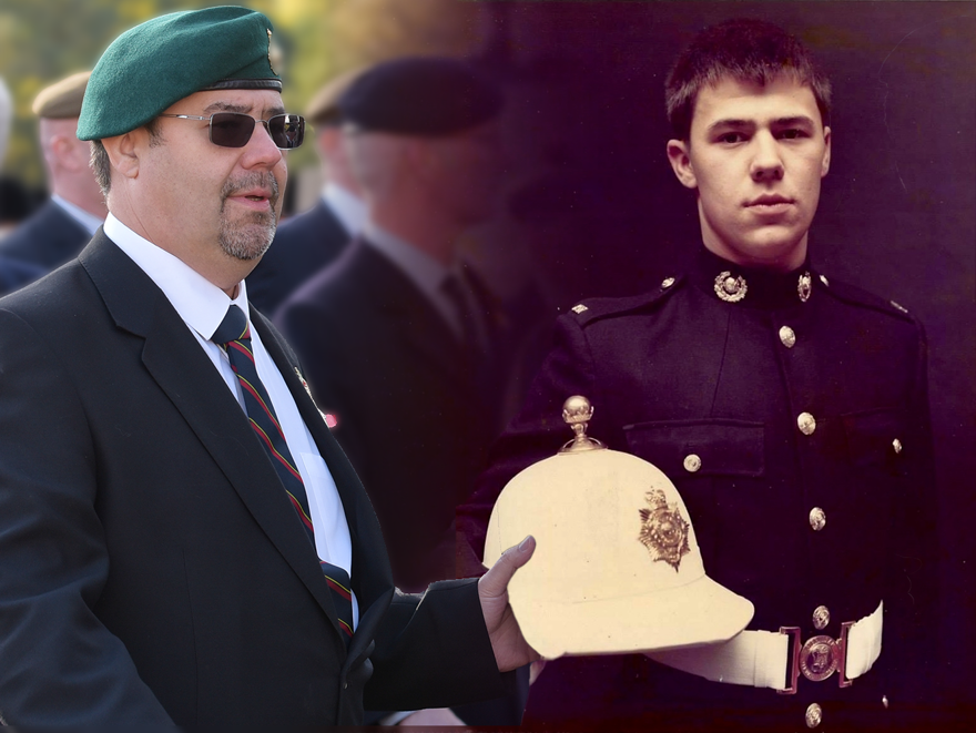 A side by side photo of blind veteran Alan, in the present day, left, and during his time in the military, right