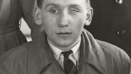 A black and white photograph of a young blind veteran Fred during his days of military service