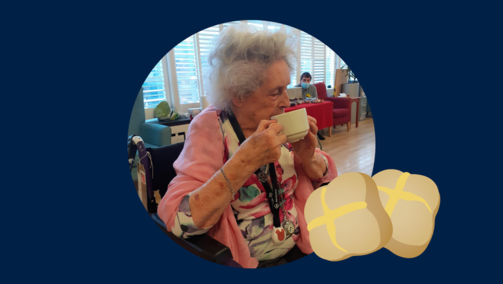 Blind veteran Rosalie with a cup of tea, and an added illustration of a hot cross bun 