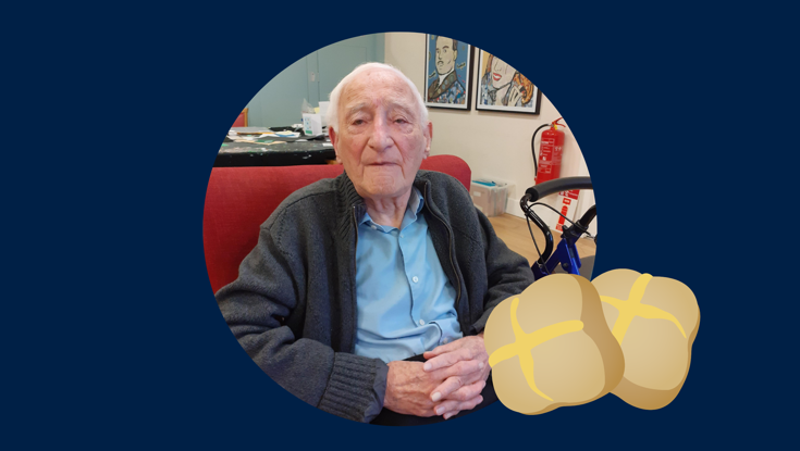 Blind veteran Bill smiling, with an added illustration of a hot cross bun