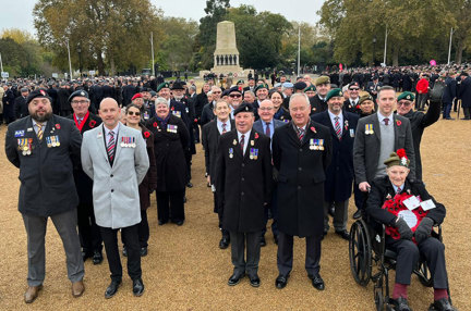 Blind veterans and their guides ready to march at the Cenotaph