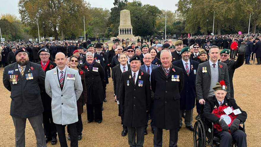 Blind veterans and their guides ready to march at the Cenotaph