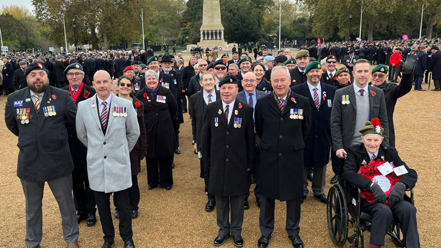 Blind veterans and their guides ready to march at the Cenotaph