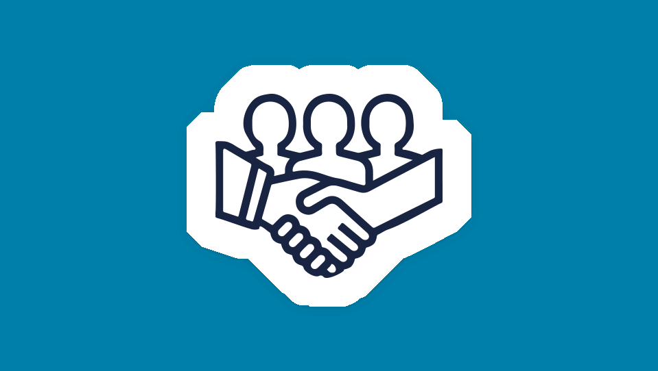 Icon of three people, overlayed with a hand shake