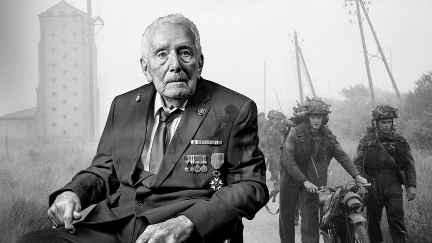 A black and white portrait of blind veteran Bill, overlaid on an scene from D-Day