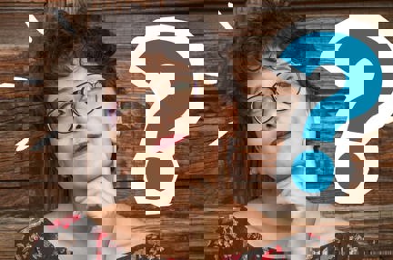A woman thinking with a question mark icon beside her