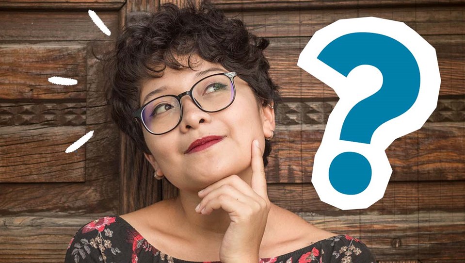 A photo of a woman thinking with a question mark icon beside her