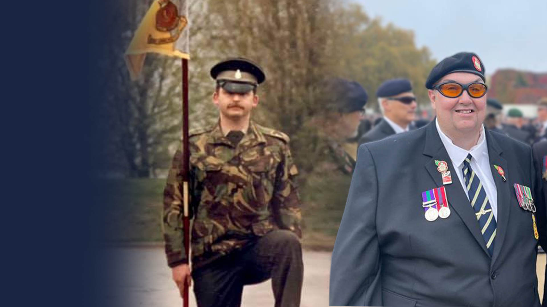 Blind veteran Paul, young on duty and as he is today, at Remembrance Sunday