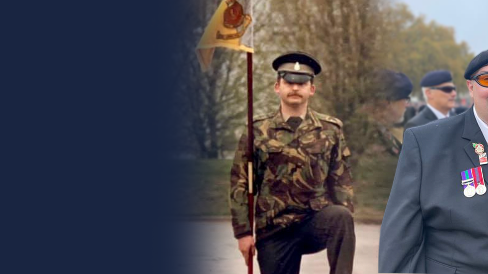 Blind veteran Paul, young on duty and as he is today, at Remembrance Sunday