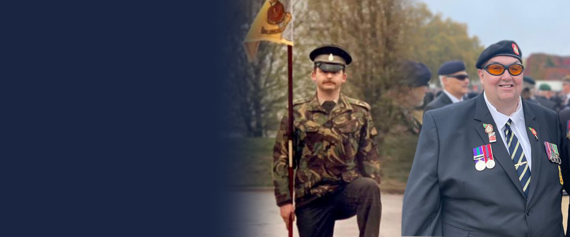 Blind veteran Paul, young on duty and as he is today, at Remembrance Sunday
