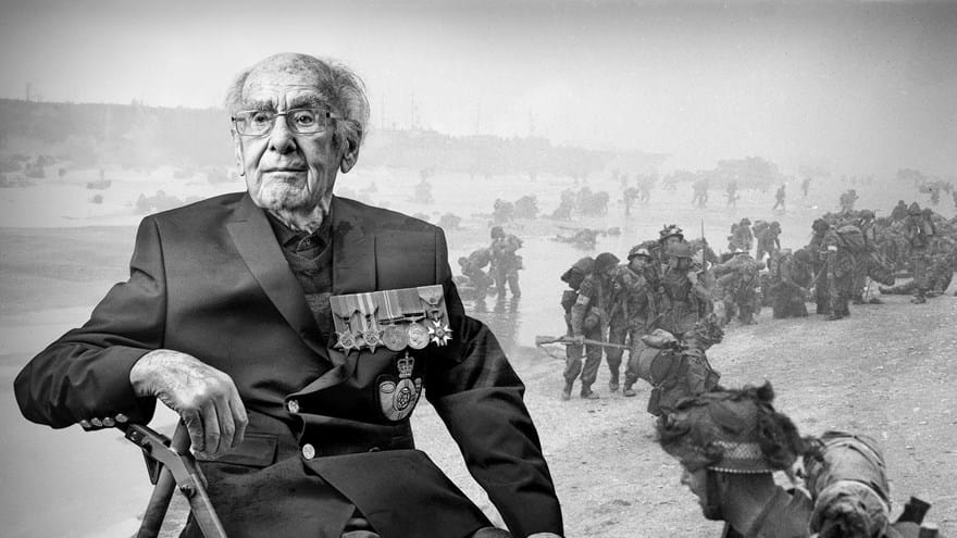 A black and white portrait of blind veteran Harry, overlaid on a scene from D-Day