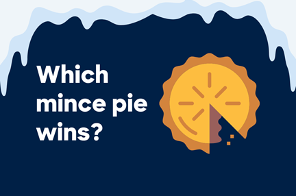 A graphic with a dark blue background, an illustration of ice melting from the top, and a mince pie illustration.