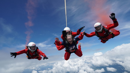Christine attached to her tandem partner during their descent