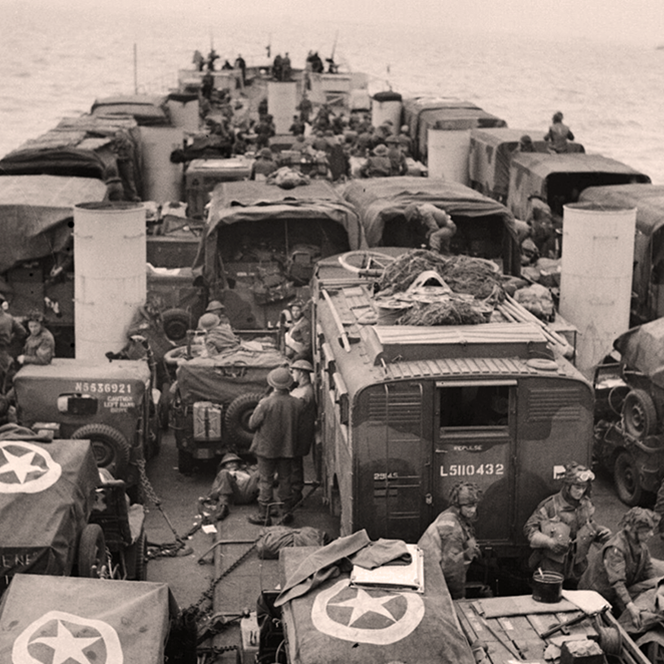 British forces troops and vehicles aboard an LCT during the invasion of Normandy