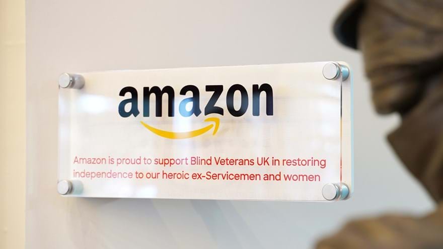 The Amazon plaque at our Llandudno centre - plaque reads: 'Amazon is proud to support Blind Veterans UK in restoring independence to our heroic ex-Service men and women'