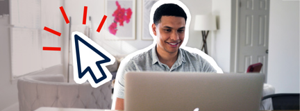 A man sitting at a desk, using a laptop. A graphic mouse cursor icon is placed next to him.