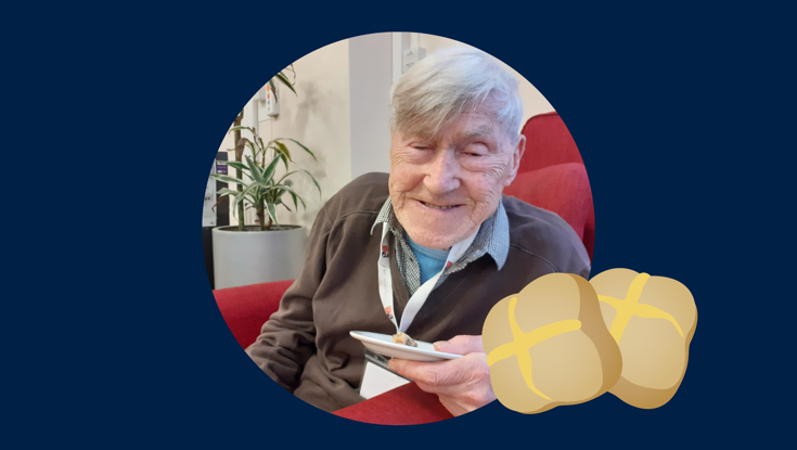 Blind veteran George smiling, with an added illustration of a hot cross bun