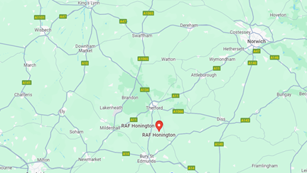 A picture of a map showing the location of the RAF Honington dinner near Norwich