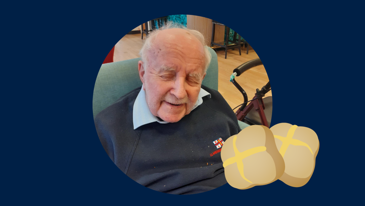 Blind veteran Eric smiling, with an added illustration of a hot cross bun