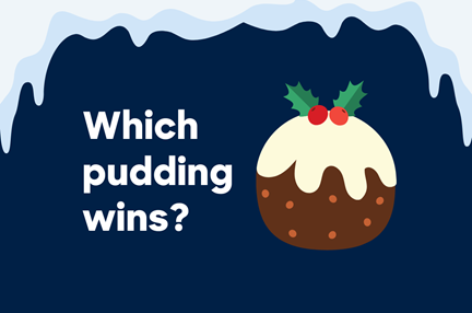 A graphic with a dark blue background, an illustration of ice melting from the top, and a Christmas pudding illustration.