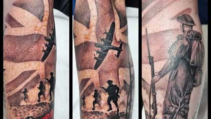 Three images of a very detailed tattoo with a Union Jack flag in the background and poppies and soldiers running on the battlefield