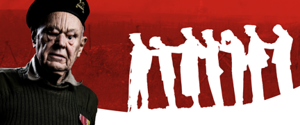 To the left, a portrait of blind veteran Mike in uniform, against a faded red back drop of battle field. To the right a white silhouette of blinded World War One soldiers leading themselves hand to shoulder from the battle field.