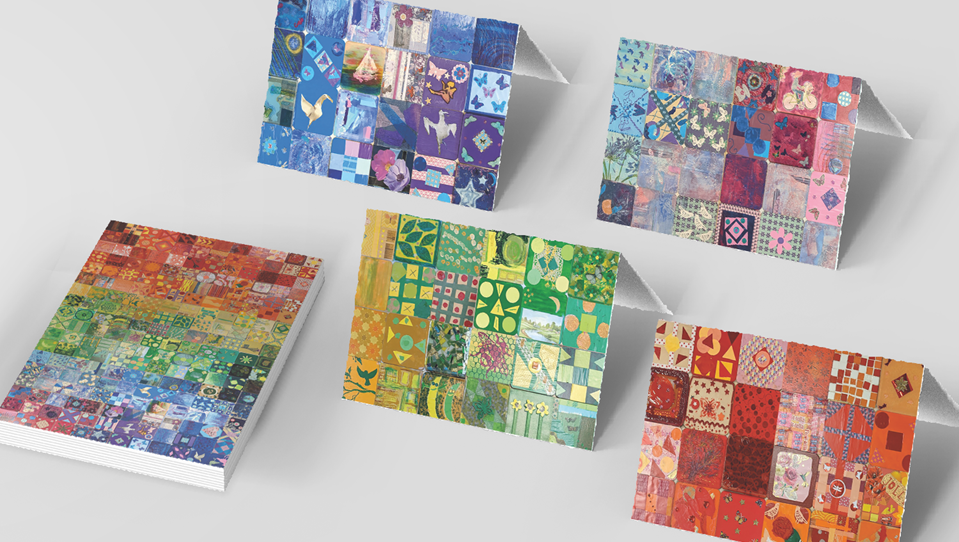 A selection of colourful greeting cards, one featuring the full artwork design, with others featuring the seasonal versions