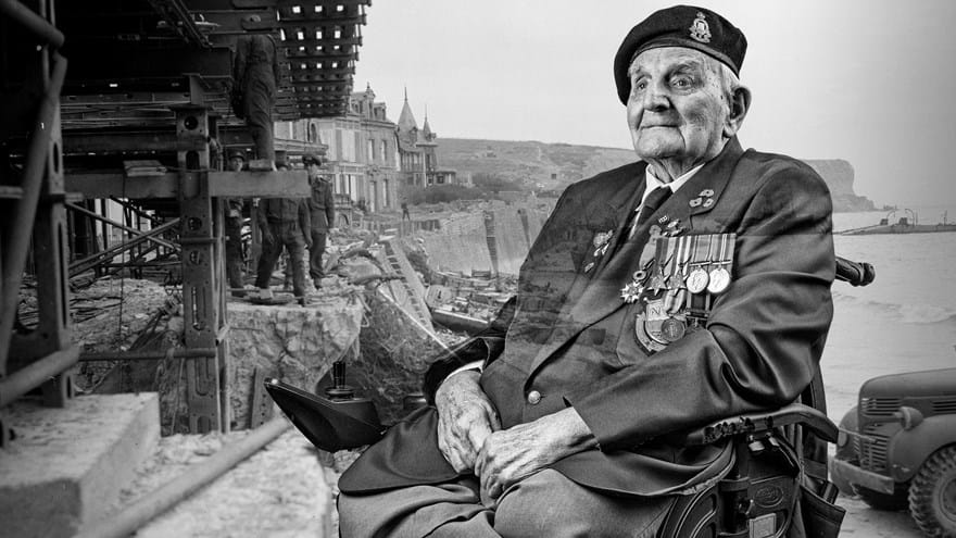 A black and white portrait of blind veteran Raymond, overlaid on a scene from D-Day