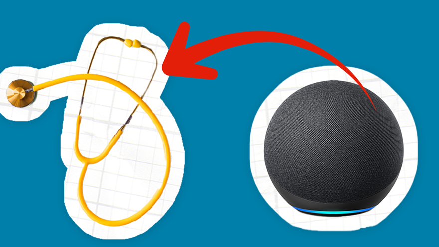 An Echo Dot with an arrow pointing to a stethoscope