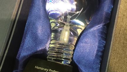 An Honorary Professor award, designed to look like a light bulb, placed in a satin-lined box.