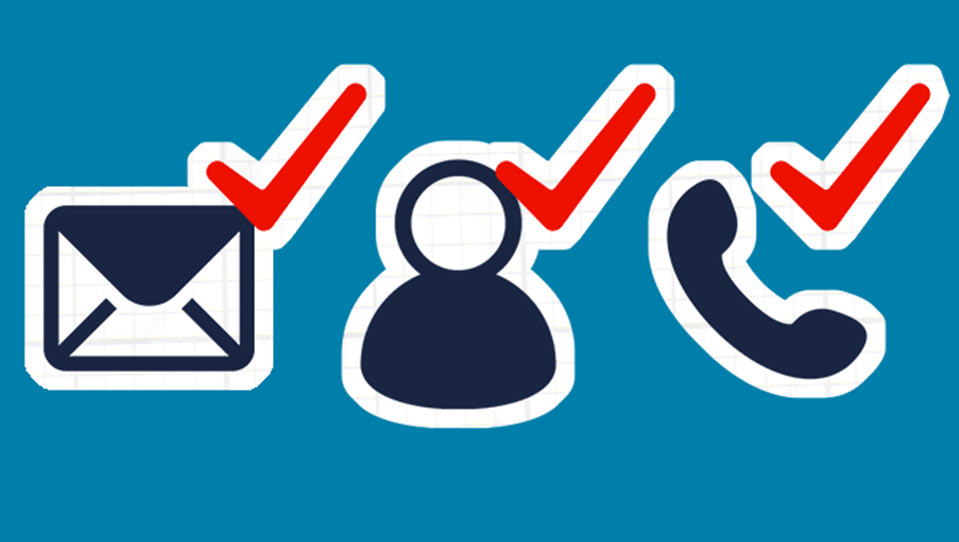 Icons of a envelope, person, and phone, all with checkmarks above them