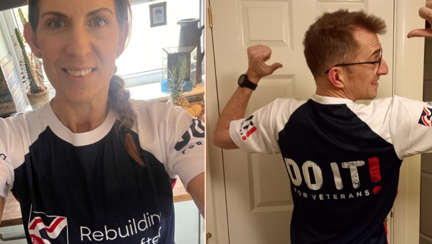 Claire on the left and Barry on the right smiling and happy to be wearing their Blind Veterans UK running tops
