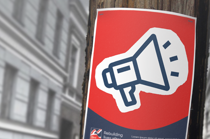A Blind Veterans UK poster with a large megaphone icon