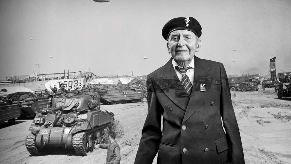 A black and white portrait of blind veteran John, overlaid on a scene from WWII
