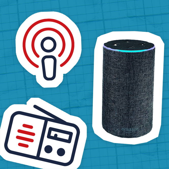 An Amazon Echo beside a podcast and radio icon