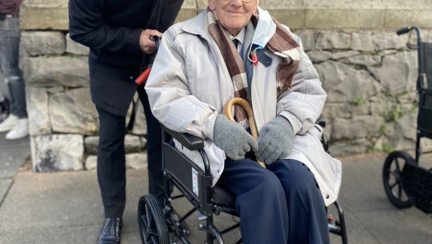 Photo of blind veteran Matt pictured at Remembrance Sunday, seated in wheelchair