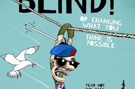 Front cover of book by Simon Mahoney. Showing cartoon man abseiling in Blind Veterans UK t-shirt. Text reads: Winging It Blind, or changing what you think is possible, fear not the task celebrate what you have already achieved