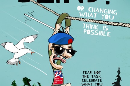 Front cover of Winging It Blind, featuring a cartoon man abseiling in a Blind Veterans UK T-shirt. Text reads: Winging It Blind, or changing what you think is possible, fear not the task, celebrate what you have already achieved.